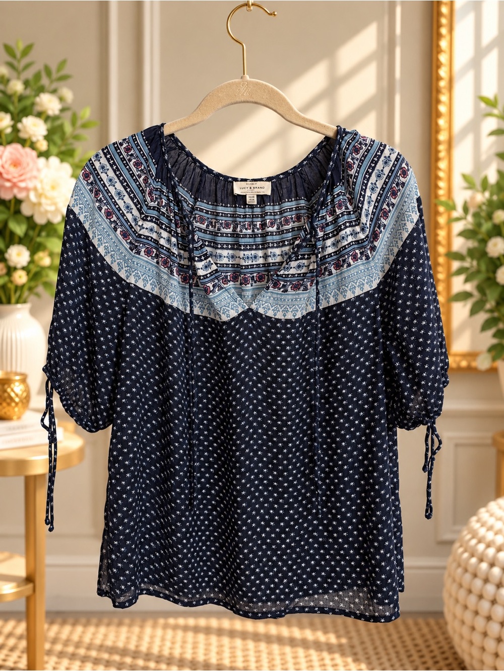 Lucky Brand Navy Blue Ikat Border Print Boho Peasant Blouse Size M